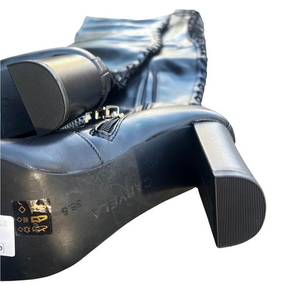 KURT Geiger Pointed Toe Knee High Lace-Up Black Leather High Block Heeled Boots - Picture 16 of 16